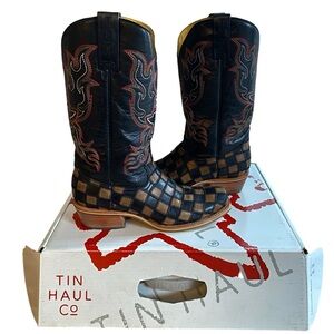 Tin Haul gunmetal checkers square toe cowboy boots